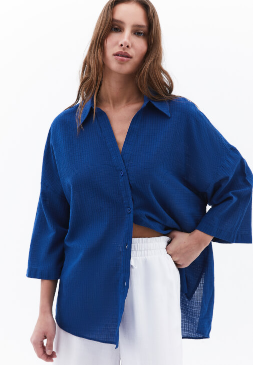 Mavi Keten Karışımlı Oversize Gömlek