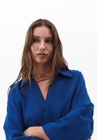 Bayan Mavi Keten Karışımlı Oversize Gömlek