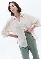 Bayan Bej Keten Karışımlı Oversize Gömlek