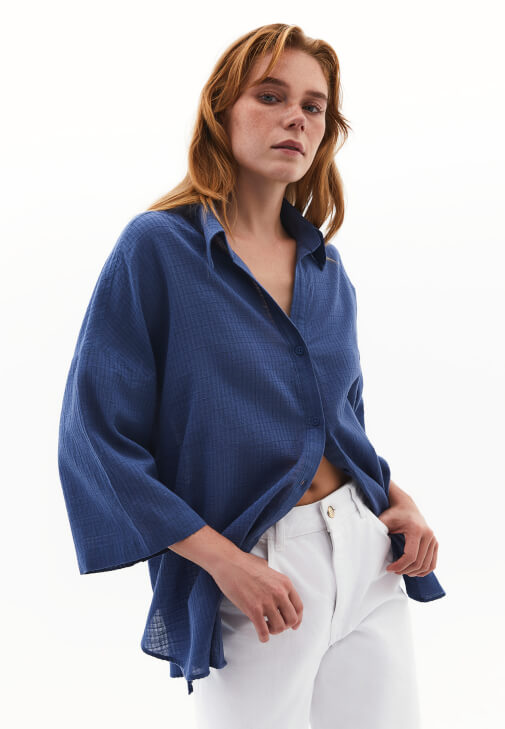 Mavi Keten Karışımlı Oversize Gömlek