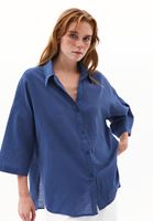 Bayan Mavi Keten Karışımlı Oversize Gömlek