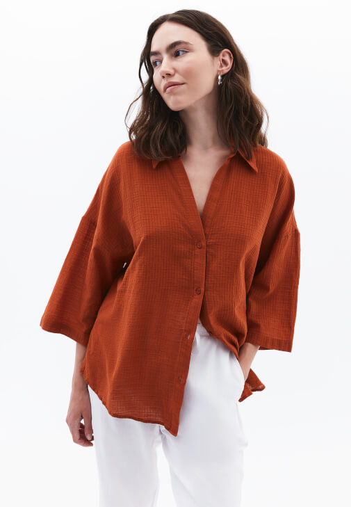 Kiremit Keten Karışımlı Oversize Gömlek