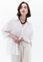 Bayan Beyaz Keten Karışımlı Oversize Gömlek
