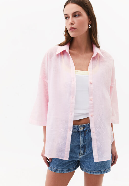Pembe Keten Karışımlı Oversize Gömlek