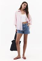 Bayan Pembe Keten Karışımlı Oversize Gömlek