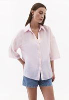 Bayan Pembe Keten Karışımlı Oversize Gömlek