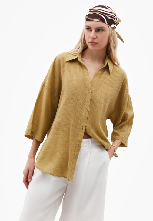 Yeşil Keten Karışımlı Oversize Gömlek