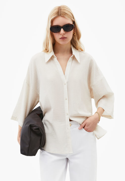Bej Keten Karışımlı Oversize Gömlek