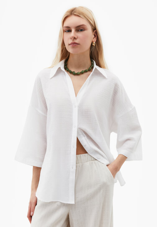 Beyaz Keten Karışımlı Oversize Gömlek