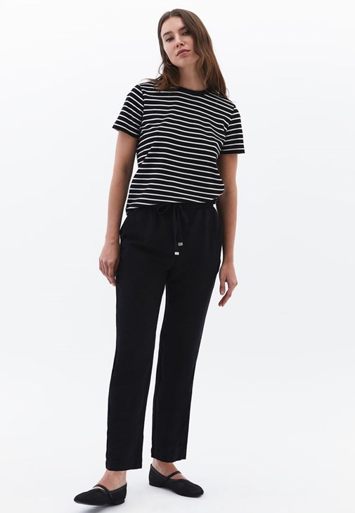 Siyah Keten Karışımlı Carrot-Fit Pantolon
