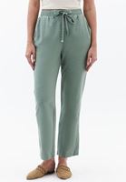 Bayan Yeşil Keten Karışımlı Carrot-Fit Pantolon