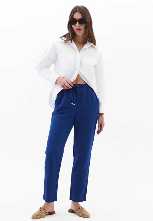 Mavi Keten Karışımlı Carrot-Fit Pantolon