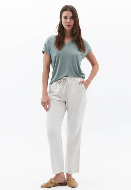 Bej Keten Karışımlı Carrot-Fit Pantolon