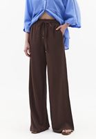 Bayan Kahverengi Keten Karışımlı Wide-Leg Pantolon