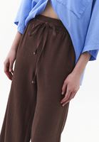 Bayan Kahverengi Keten Karışımlı Wide-Leg Pantolon