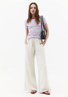 Bayan Bej Keten Karışımlı Wide-Leg Pantolon