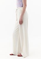 Bayan Bej Keten Karışımlı Wide-Leg Pantolon