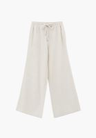 Bayan Bej Keten Karışımlı Wide-Leg Pantolon