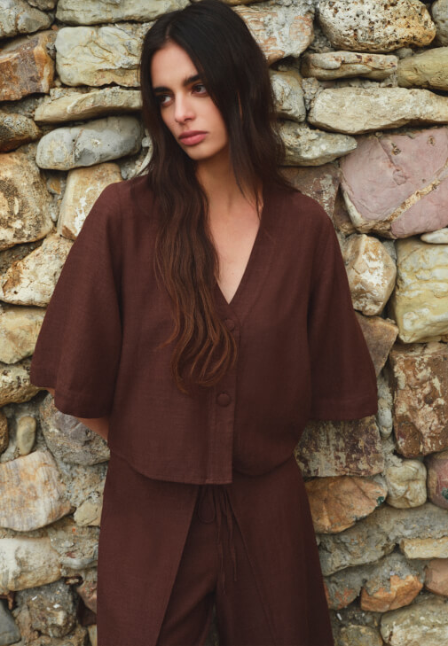 Kahverengi Keten Karışımlı V Yaka Bluz