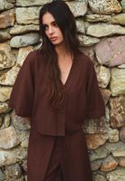 Bayan Kahverengi Keten Karışımlı V Yaka Bluz