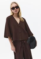 Bayan Kahverengi Keten Karışımlı V Yaka Bluz