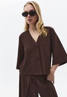 Bayan Kahverengi Keten Karışımlı V Yaka Bluz