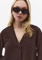 Bayan Kahverengi Keten Karışımlı V Yaka Bluz