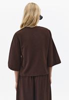 Bayan Kahverengi Keten Karışımlı V Yaka Bluz