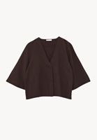 Bayan Kahverengi Keten Karışımlı V Yaka Bluz