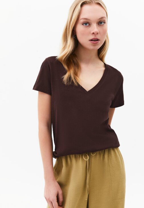 Kahverengi Keten Karışımlı Tişört