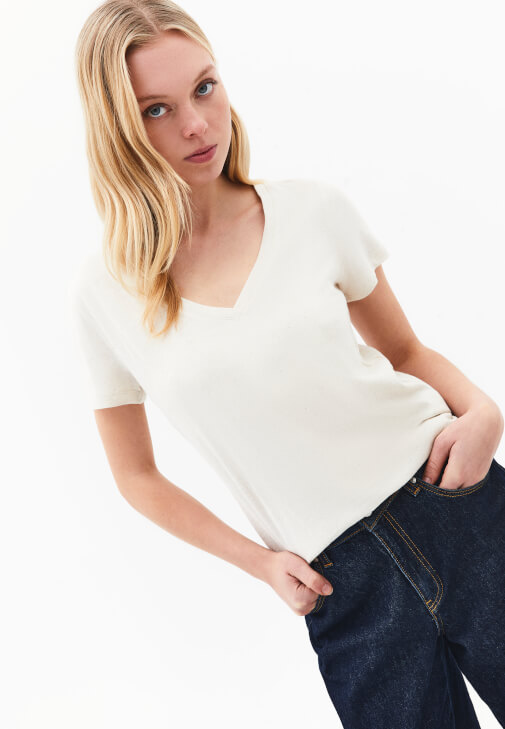 Bej Keten Karışımlı Tişört