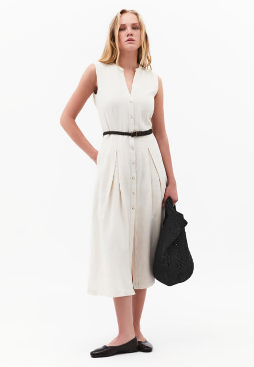 Bej Keten Karışımlı Kemerli Elbise