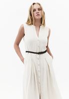 Bayan Bej Keten Karışımlı Kemerli Elbise