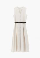 Bayan Bej Keten Karışımlı Kemerli Elbise