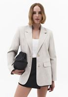Bayan Bej Keten Karışımlı Oversize Blazer Ceket