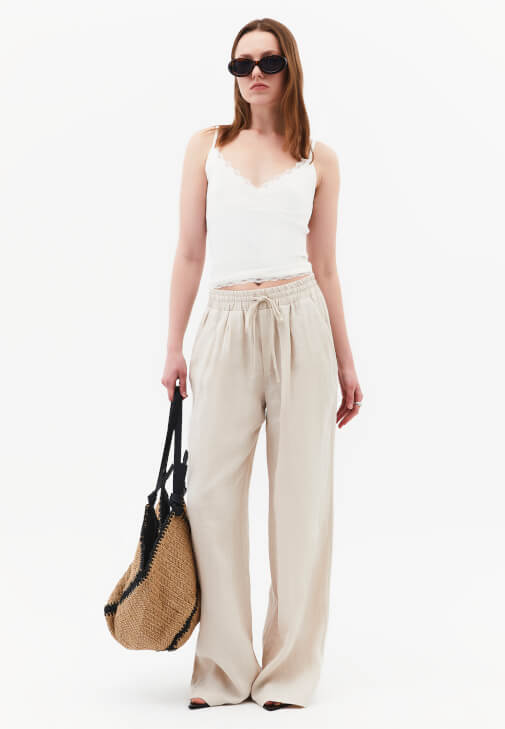 Bej Keten Wide-Leg Pantolon