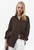 Bayan Kahverengi Keten Düğmeli Gömlek