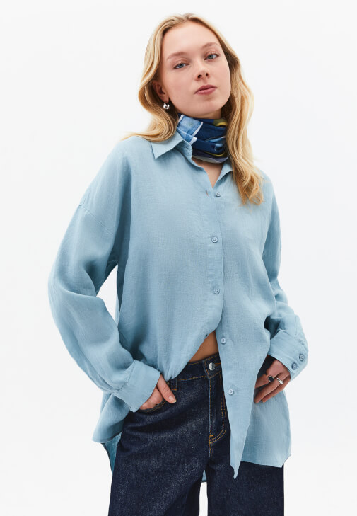 Mavi Keten Düğmeli Gömlek