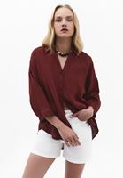 Bayan Bordo Keten Oversize Gömlek