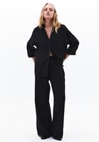 Bayan Siyah Keten Wide-Leg Pantolon