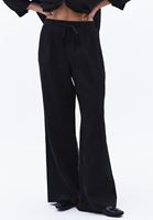 Bayan Siyah Keten Wide-Leg Pantolon