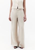 Bayan Bej Keten Wide-Leg Pantolon