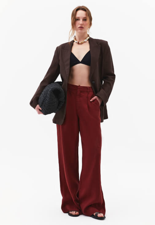 Bordo Keten Wide-Leg Pantolon