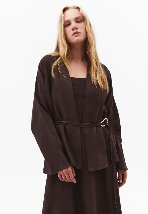 Kahverengi Keten Bağlamalı Oversize Ceket