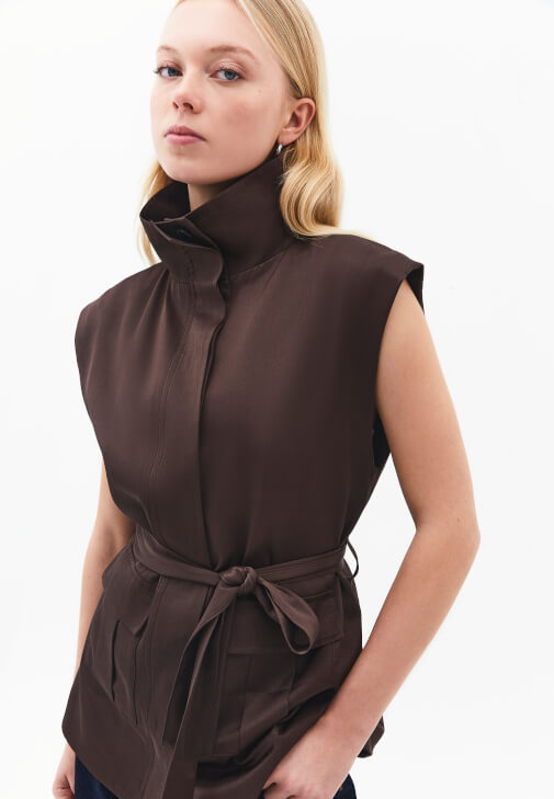 Kahverengi Keten Karışımlı Kargo Cepli Yelek