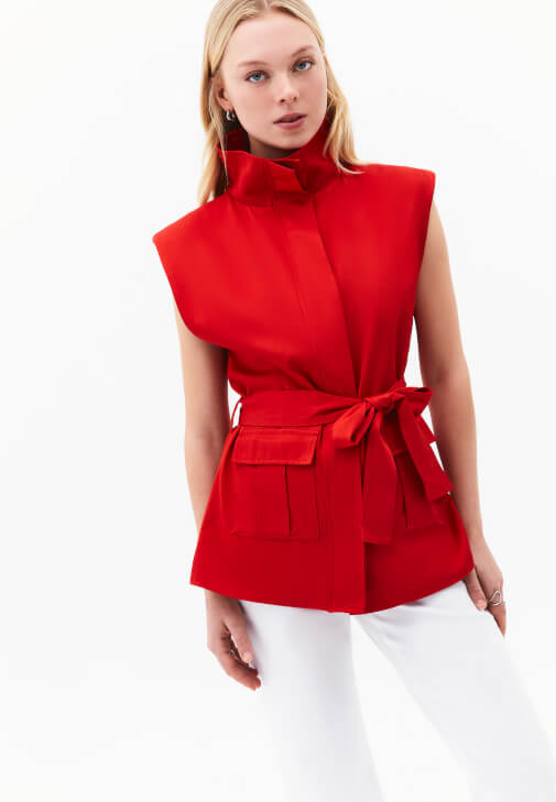 Kırmızı Keten Karışımlı Kargo Cepli Yelek