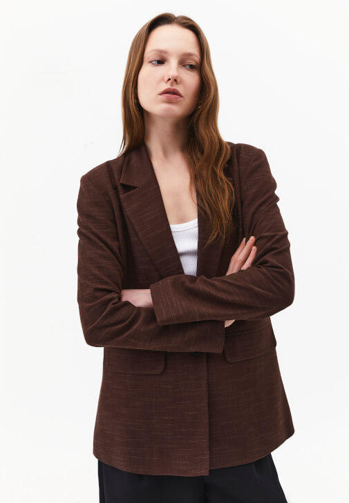 Kahverengi Keten Karışımlı Oversize Ceket