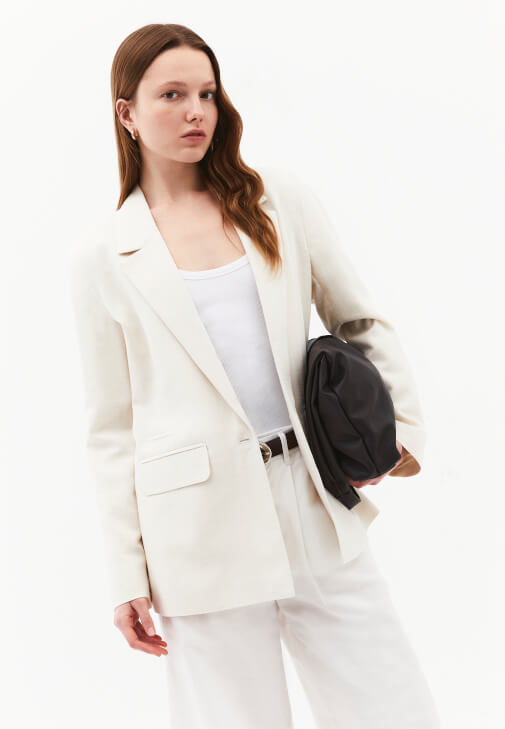 Bej Keten Karışımlı Oversize Ceket