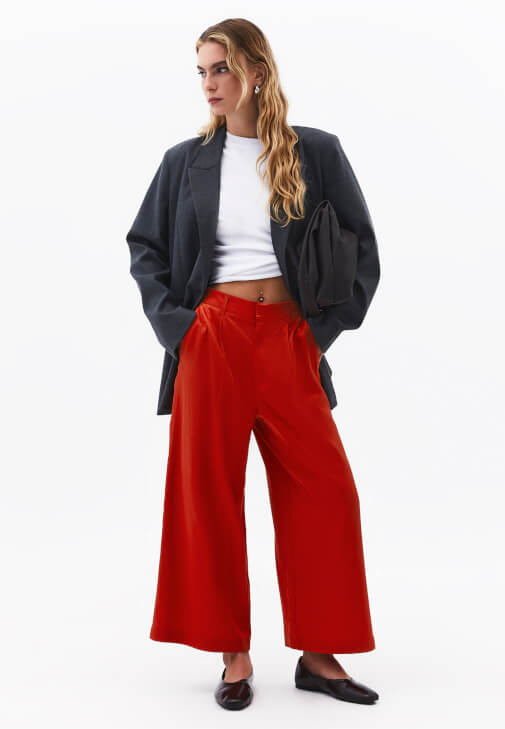 Kırmızı Keten Karışımlı Culotte Pantolon