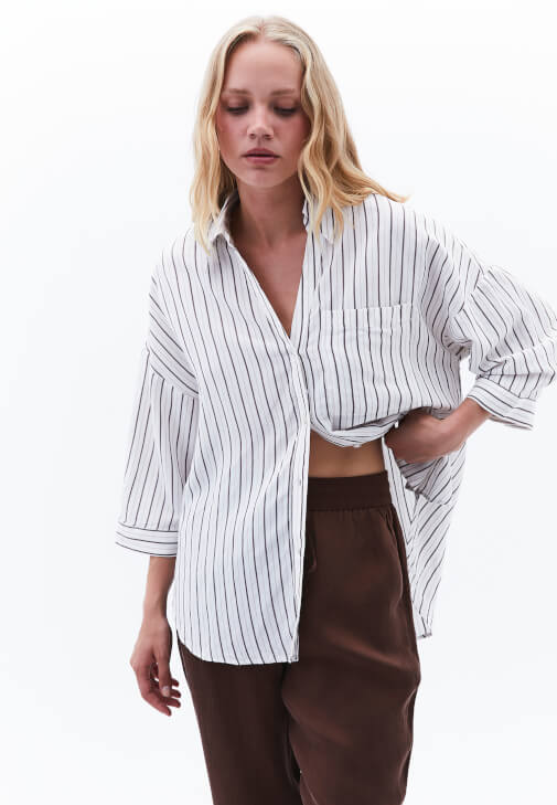 Kahverengi Keten Karışımlı Oversize Gömlek